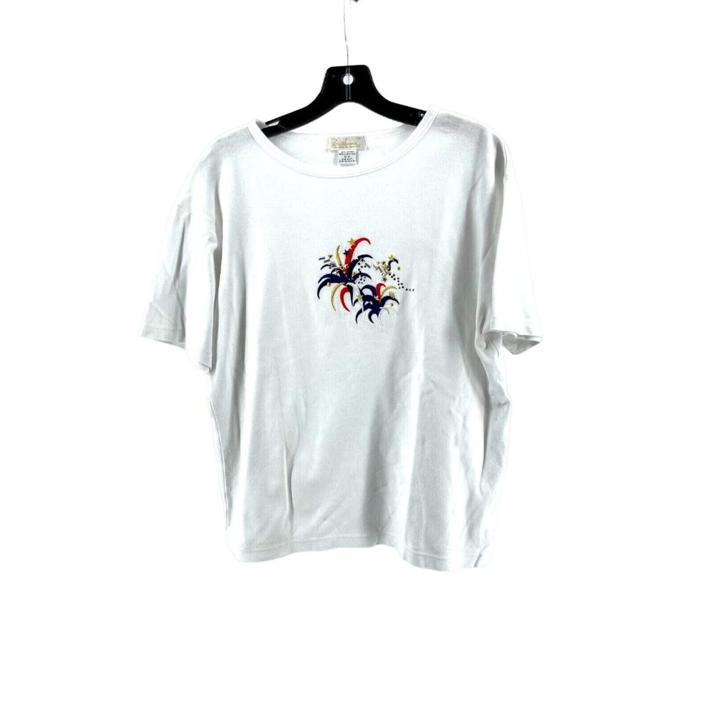 Tara Vanessa Short Sleeve Embroidered Fireworks Patriotic Tee T Shirt Size S/M